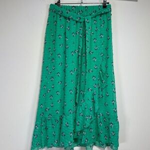 Numph Green Floral Ruffled Midi Skirt Pull On Lined Size Small EU 36